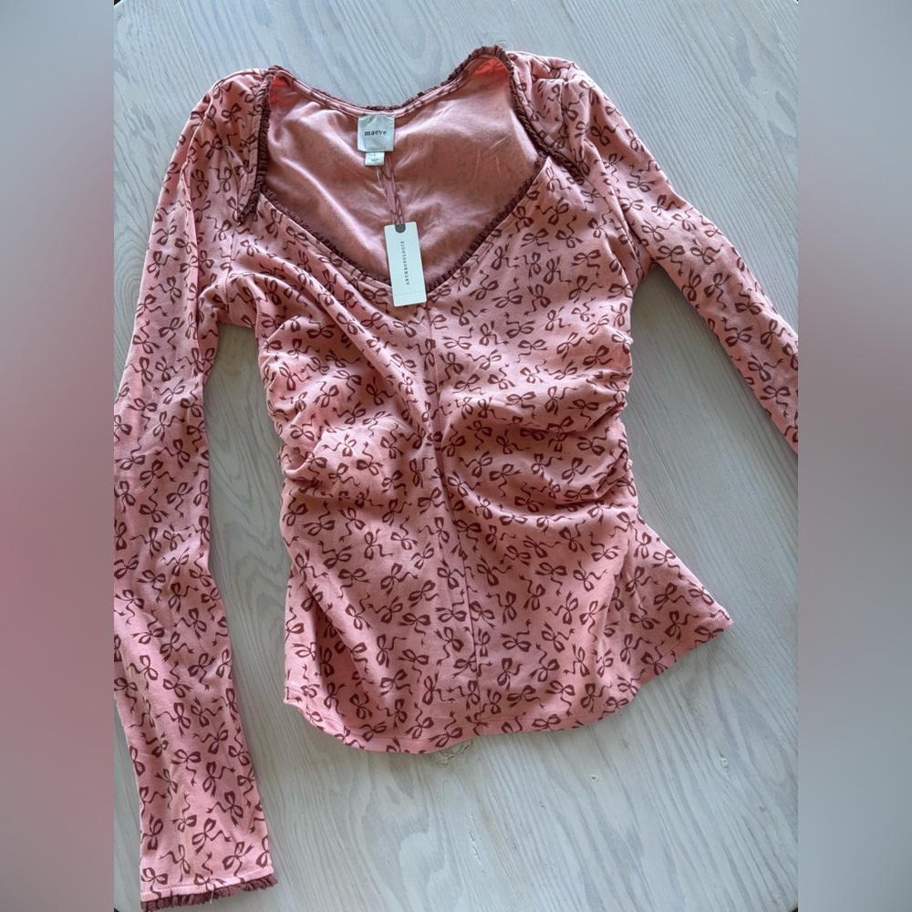 Maeve Bow Print V-Neck Top, Size M - Picture 3 of 4